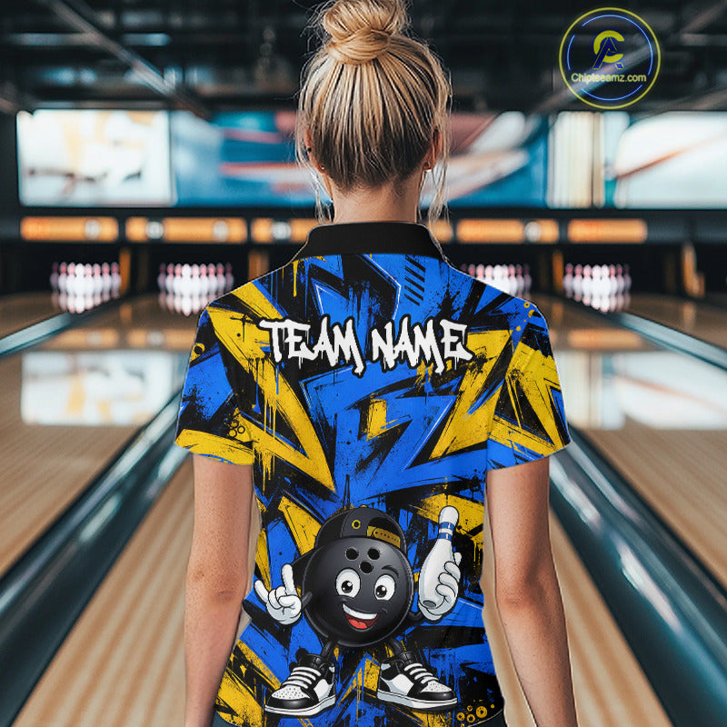 Female model wearing Funny Rock-On Bowling Ball bowling polo, colorful bowling apparel, confidence, tournament fashion