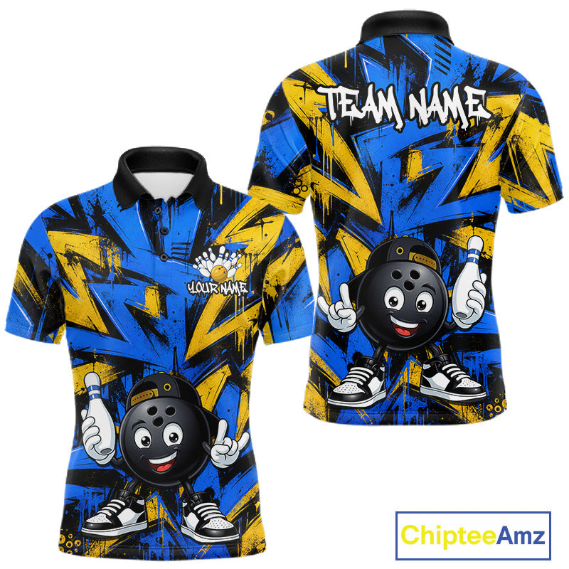 Funny Rock-On Bowling Ball Men's Bowling Polo Shirt, Personalized Blue Yellow League Jersey, Performance Bowling Apparel