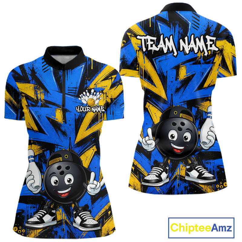Rock-On Bowling Ball Women's Quarter-Zip Bowling Shirt, Personalized Bowling Tournament Jersey, Athletic Apparel