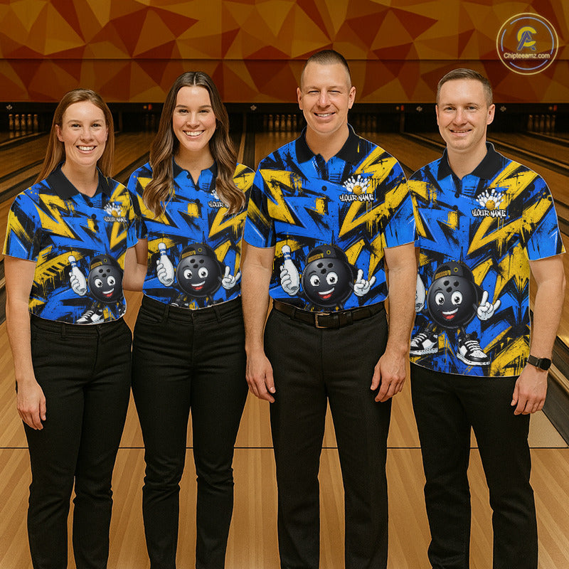 Bowling team wearing matching Rock-On Bowling Ball uniforms, personalized team jerseys, teamwork, fun competition, bowling club identity