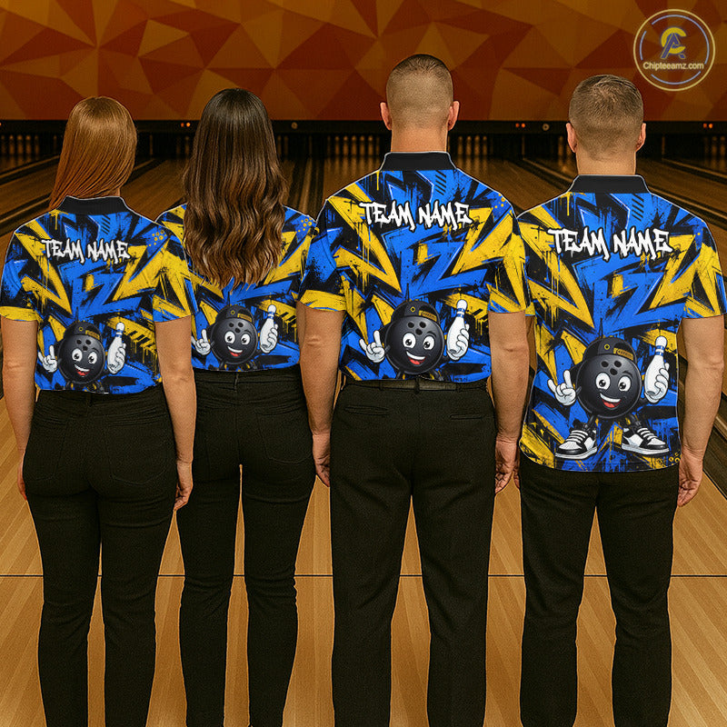 Bowling team wearing matching Rock-On Bowling Ball uniforms, personalized team jerseys, teamwork, fun competition, bowling club identity