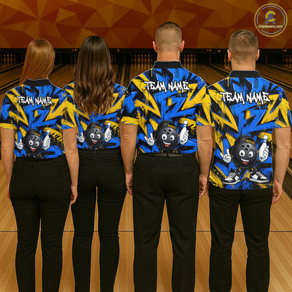 Bowling team wearing matching Rock-On Bowling Ball uniforms, personalized team jerseys, teamwork, fun competition, bowling club identity