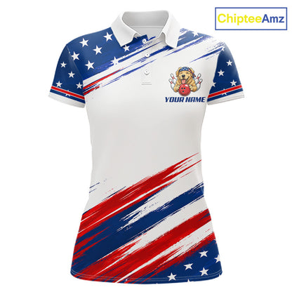 Patriotic Bulldog Women's Bowling Polo Shirt, USA Flag Bowling Team Jersey, Personalized American Bowling Apparel, Performance Polo, Freedom, Loyalty