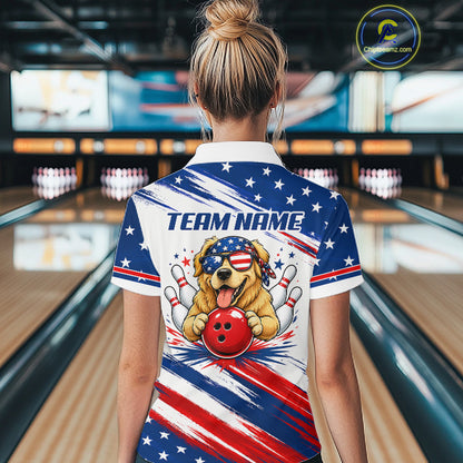 Female model wearing Patriotic Bulldog bowling polo, USA Flag bowling apparel, American pride, tournament athlete
