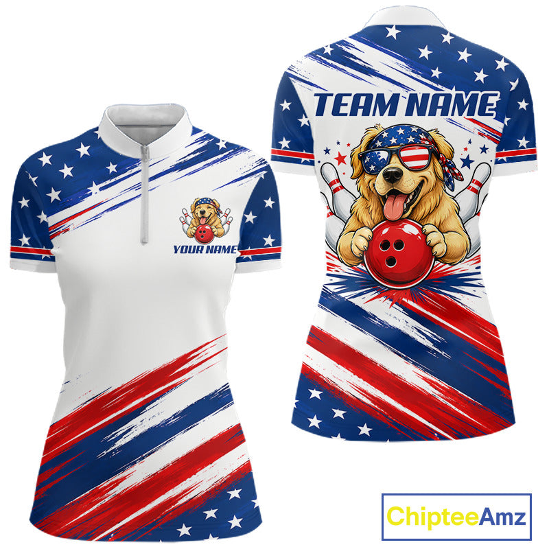 Patriotic Bulldog Women's Quarter-Zip Bowling Shirt, Personalized USA Flag Bowling Tournament Jersey