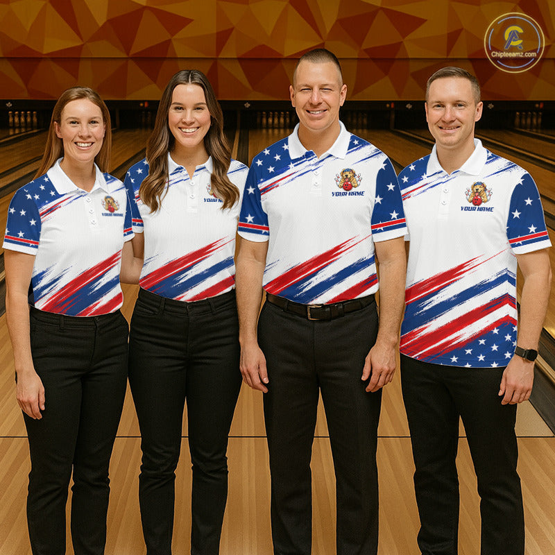 Bowling team wearing matching Patriotic Bulldog bowling uniforms, USA Flag team jerseys, veterans support, Independence Day, championship team