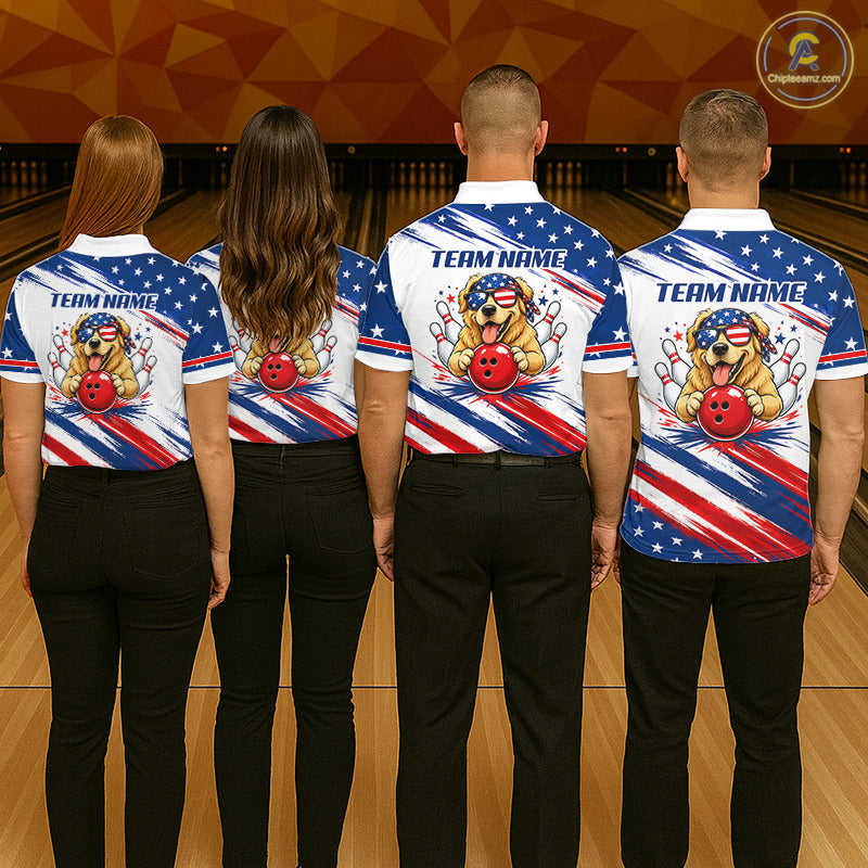 Bowling team wearing matching Patriotic Bulldog bowling uniforms, USA Flag team jerseys, veterans support, Independence Day, championship team