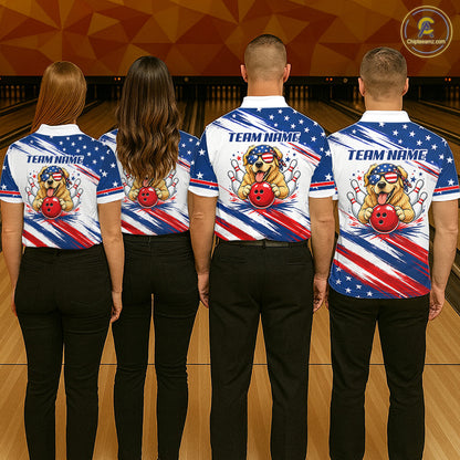 Bowling team wearing matching Patriotic Bulldog bowling uniforms, USA Flag team jerseys, veterans support, Independence Day, championship team