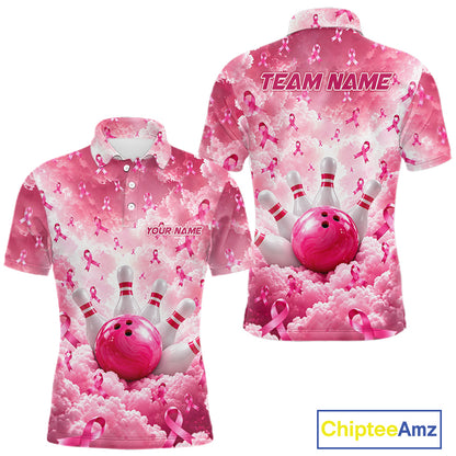 Custom Breast Cancer Bowling Polo 1/4-Zip For Men Shirt Pink Cloud Ribbon Bowler Jersey Bowling League NYN4630