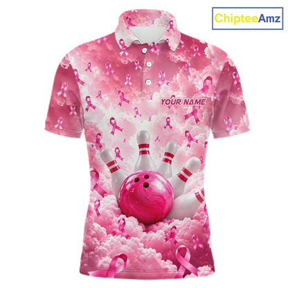 Custom Breast Cancer Bowling Polo 1/4-Zip For Men Shirt Pink Cloud Ribbon Bowler Jersey Bowling League NYN4630