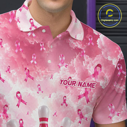 Custom Breast Cancer Bowling Polo 1/4-Zip For Men Shirt Pink Cloud Ribbon Bowler Jersey Bowling League NYN4630