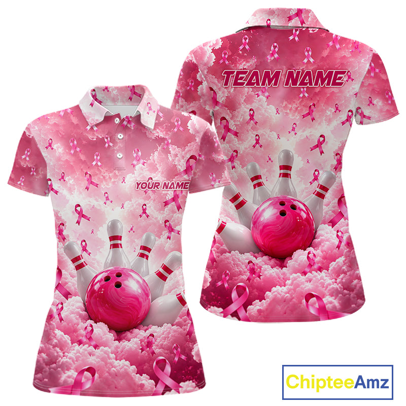 Custom Breast Cancer Bowling Polo 1/4-Zip For Women Shirt Pink Cloud Ribbon Bowler Jersey Bowling League NYN4630