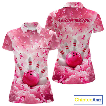 Custom Breast Cancer Bowling Polo 1/4-Zip For Women Shirt Pink Cloud Ribbon Bowler Jersey Bowling League NYN4630