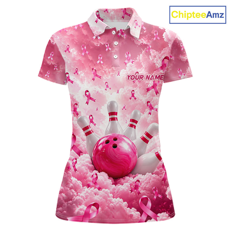 Custom Breast Cancer Bowling Polo 1/4-Zip For Women Shirt Pink Cloud Ribbon Bowler Jersey Bowling League NYN4630