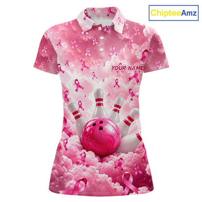 Custom Breast Cancer Bowling Polo 1/4-Zip For Women Shirt Pink Cloud Ribbon Bowler Jersey Bowling League NYN4630