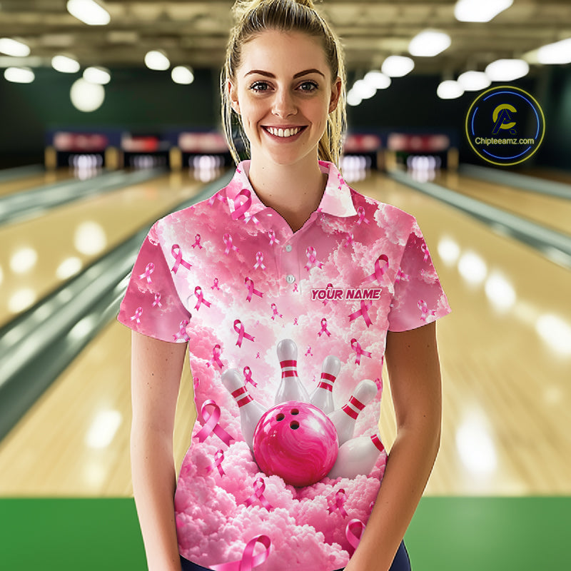Custom Breast Cancer Bowling Polo 1/4-Zip For Women Shirt Pink Cloud Ribbon Bowler Jersey Bowling League NYN4630