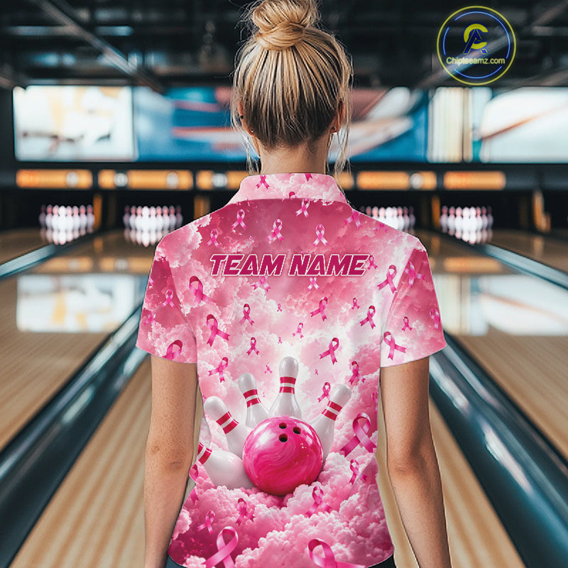 Custom Breast Cancer Bowling Polo 1/4-Zip For Women Shirt Pink Cloud Ribbon Bowler Jersey Bowling League NYN4630