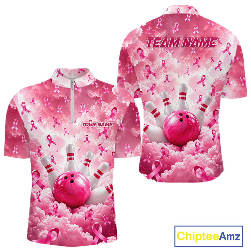 Custom Breast Cancer Bowling Polo 1/4-Zip For Men Shirt Pink Cloud Ribbon Bowler Jersey Bowling League NYN4630