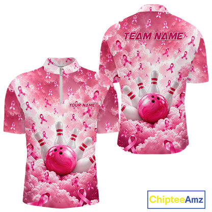 Custom Breast Cancer Bowling Polo 1/4-Zip For Men Shirt Pink Cloud Ribbon Bowler Jersey Bowling League NYN4630