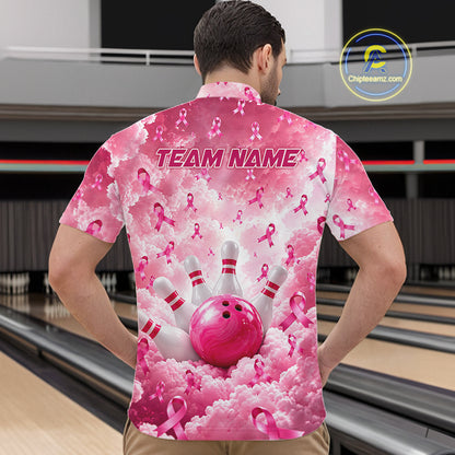 Custom Breast Cancer Bowling Polo 1/4-Zip For Men Shirt Pink Cloud Ribbon Bowler Jersey Bowling League NYN4630
