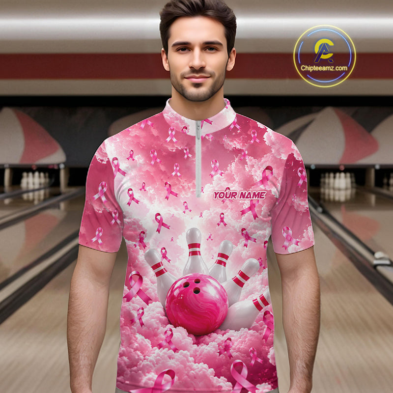Custom Breast Cancer Bowling Polo 1/4-Zip For Men Shirt Pink Cloud Ribbon Bowler Jersey Bowling League NYN4630