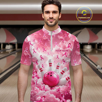 Custom Breast Cancer Bowling Polo 1/4-Zip For Men Shirt Pink Cloud Ribbon Bowler Jersey Bowling League NYN4630
