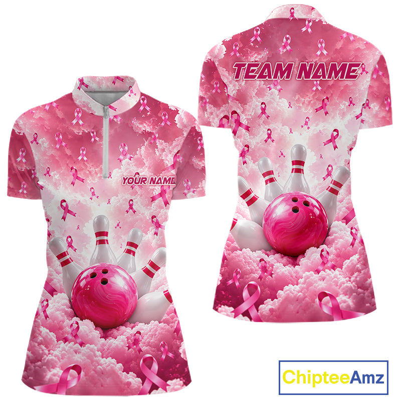 Custom Breast Cancer Bowling Polo 1/4-Zip For Women Shirt Pink Cloud Ribbon Bowler Jersey Bowling League NYN4630