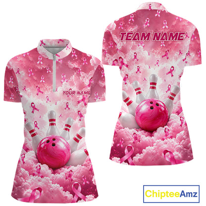 Custom Breast Cancer Bowling Polo 1/4-Zip For Women Shirt Pink Cloud Ribbon Bowler Jersey Bowling League NYN4630