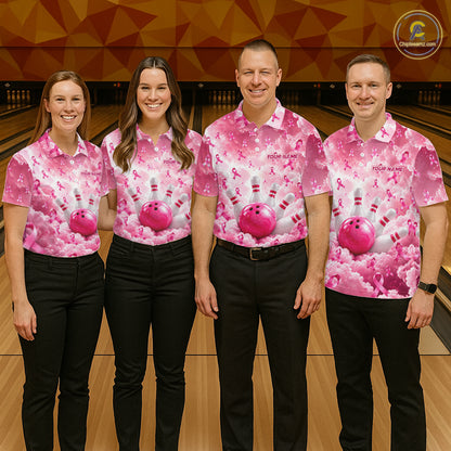 Custom Breast Cancer Bowling Polo 1/4-Zip For Men Shirt Pink Cloud Ribbon Bowler Jersey Bowling League NYN4630