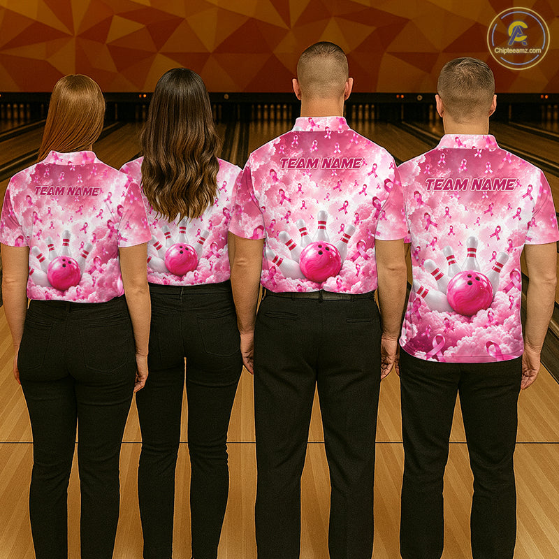 Custom Breast Cancer Bowling Polo 1/4-Zip For Men Shirt Pink Cloud Ribbon Bowler Jersey Bowling League NYN4630
