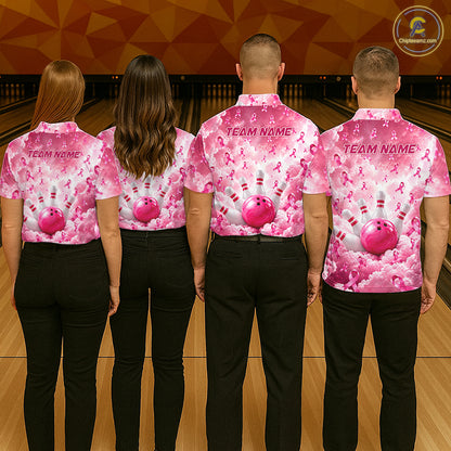 Custom Breast Cancer Bowling Polo 1/4-Zip For Men Shirt Pink Cloud Ribbon Bowler Jersey Bowling League NYN4630