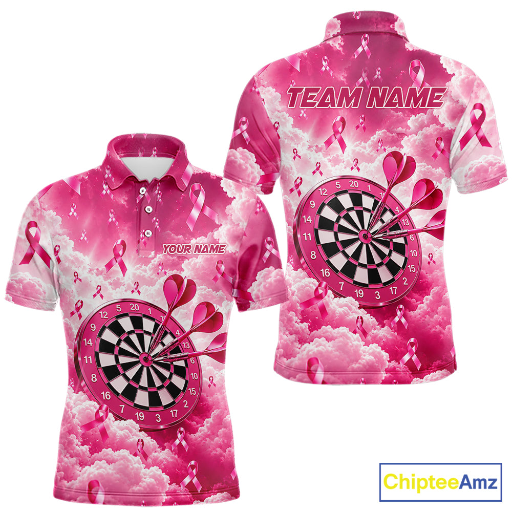 Pink Clouds Ribbon Darts Polo Quarter-Zip Shirt For Men Custom Breast Cancer Darts Tournament Shirt NYN4631