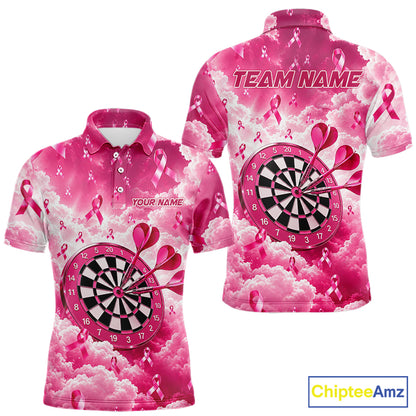 Pink Clouds Ribbon Darts Polo Quarter-Zip Shirt For Men Custom Breast Cancer Darts Tournament Shirt NYN4631