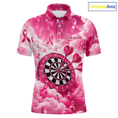 Pink Clouds Ribbon Darts Polo Quarter-Zip Shirt For Men Custom Breast Cancer Darts Tournament Shirt NYN4631