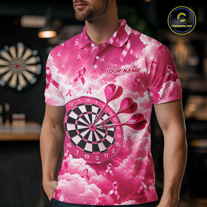 Pink Clouds Ribbon Darts Polo Quarter-Zip Shirt For Men Custom Breast Cancer Darts Tournament Shirt NYN4631