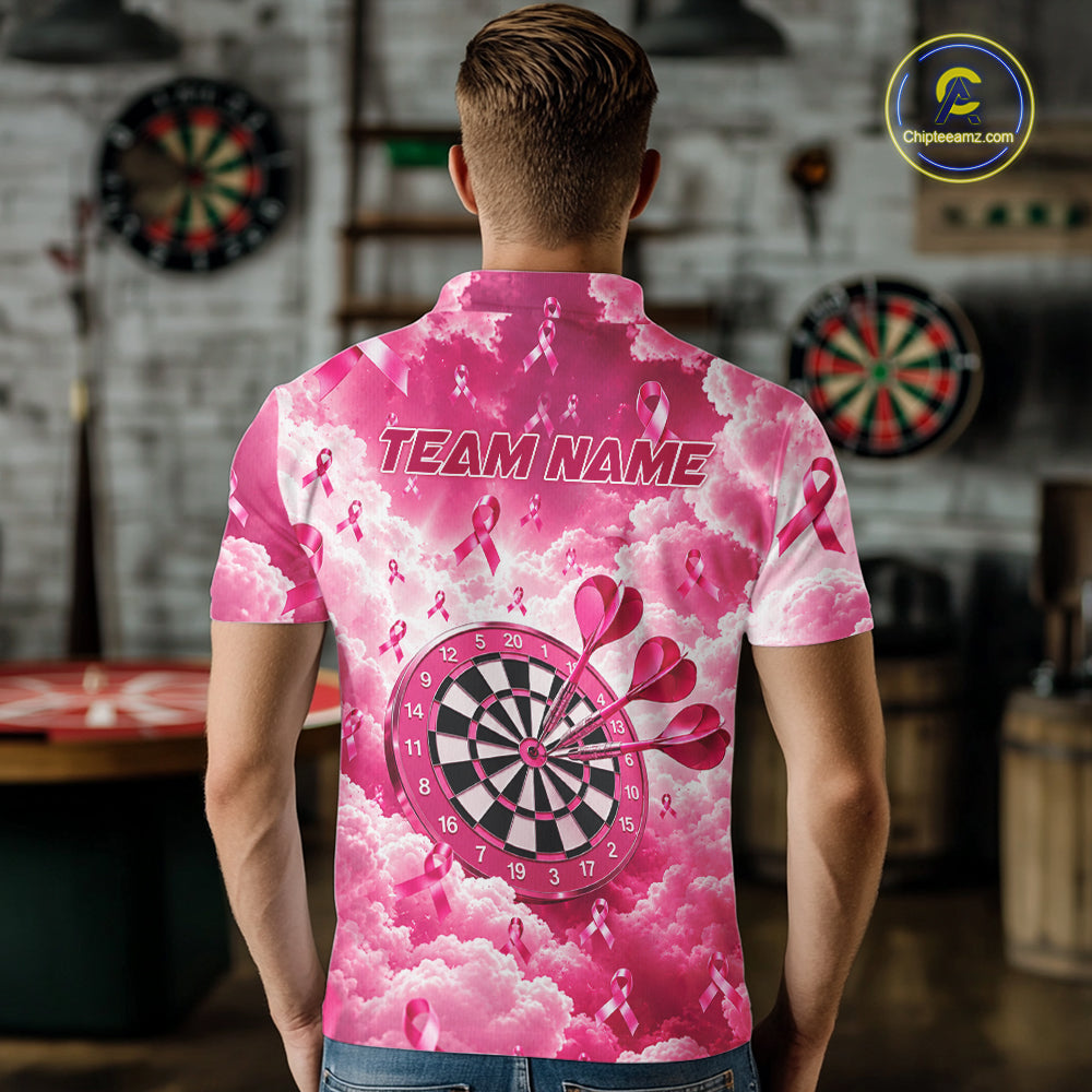 Pink Clouds Ribbon Darts Polo Quarter-Zip Shirt For Men Custom Breast Cancer Darts Tournament Shirt NYN4631