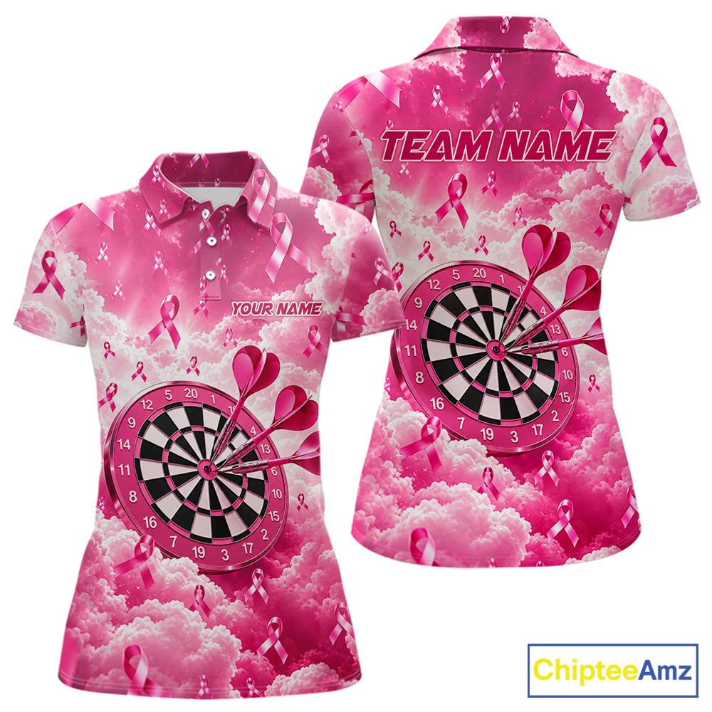 Pink Clouds Ribbon Darts Polo Quarter-Zip Shirt For Women Custom Breast Cancer Darts Tournament Shirt NYN4631