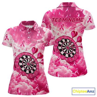 Pink Clouds Ribbon Darts Polo Quarter-Zip Shirt For Women Custom Breast Cancer Darts Tournament Shirt NYN4631
