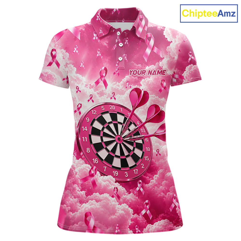 Pink Clouds Ribbon Darts Polo Quarter-Zip Shirt For Women Custom Breast Cancer Darts Tournament Shirt NYN4631
