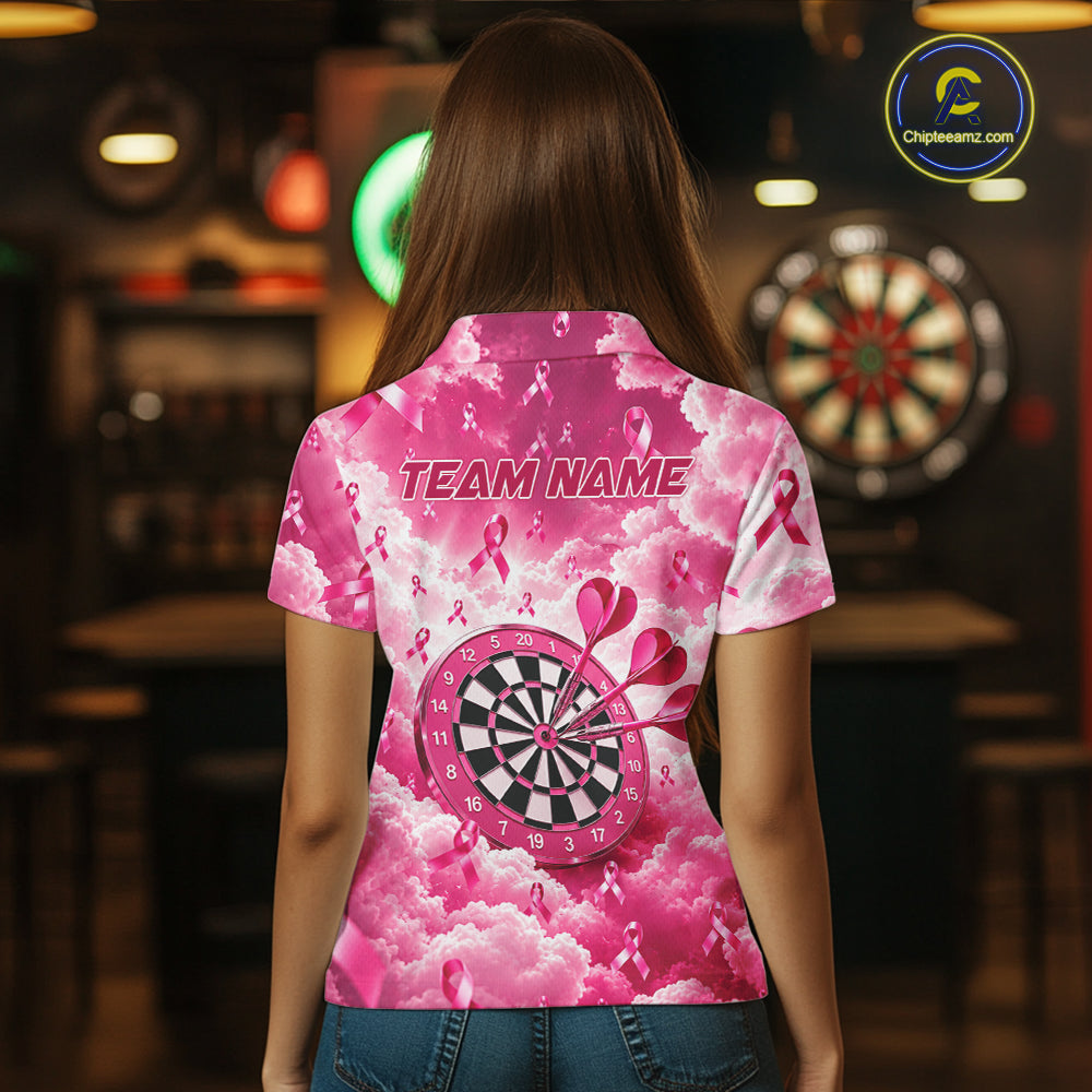 Pink Clouds Ribbon Darts Polo Quarter-Zip Shirt For Women Custom Breast Cancer Darts Tournament Shirt NYN4631