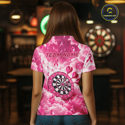 Pink Clouds Ribbon Darts Polo Quarter-Zip Shirt For Women Custom Breast Cancer Darts Tournament Shirt NYN4631