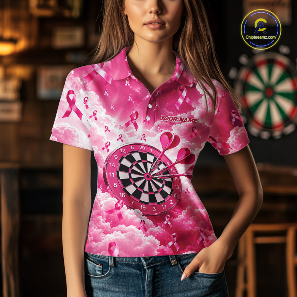 Pink Clouds Ribbon Darts Polo Quarter-Zip Shirt For Women Custom Breast Cancer Darts Tournament Shirt NYN4631