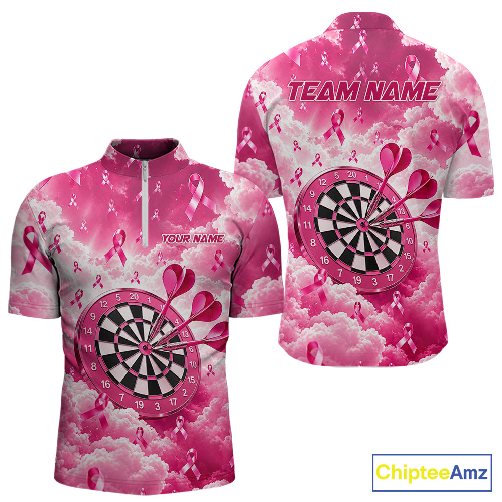 Pink Clouds Ribbon Darts Polo Quarter-Zip Shirt For Men Custom Breast Cancer Darts Tournament Shirt NYN4631
