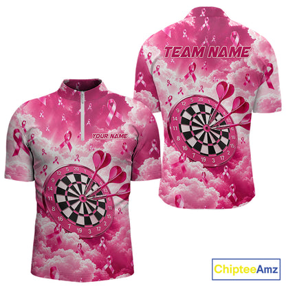 Pink Clouds Ribbon Darts Polo Quarter-Zip Shirt For Men Custom Breast Cancer Darts Tournament Shirt NYN4631