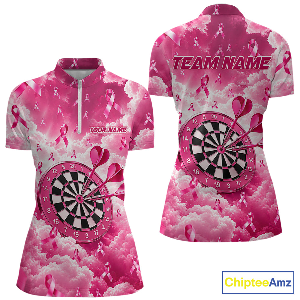 Pink Clouds Ribbon Darts Polo Quarter-Zip Shirt For Women Custom Breast Cancer Darts Tournament Shirt NYN4631