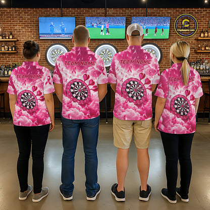 Pink Clouds Ribbon Darts Polo Quarter-Zip Shirt For Men Custom Breast Cancer Darts Tournament Shirt NYN4631