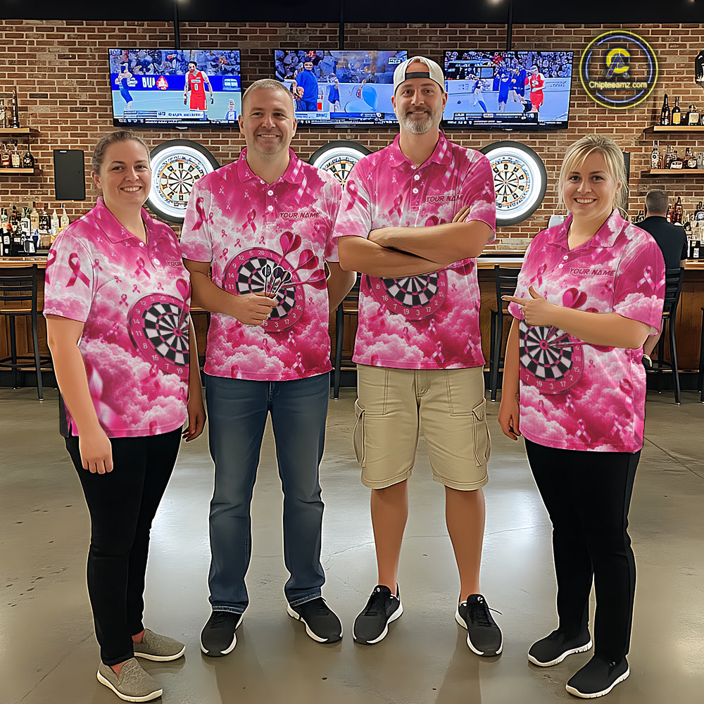 Pink Clouds Ribbon Darts Polo Quarter-Zip Shirt For Men Custom Breast Cancer Darts Tournament Shirt NYN4631