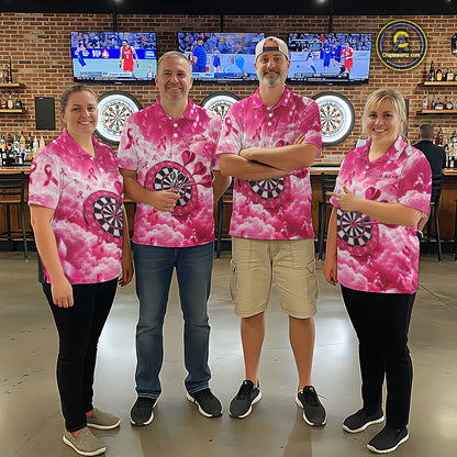 Pink Clouds Ribbon Darts Polo Quarter-Zip Shirt For Men Custom Breast Cancer Darts Tournament Shirt NYN4631