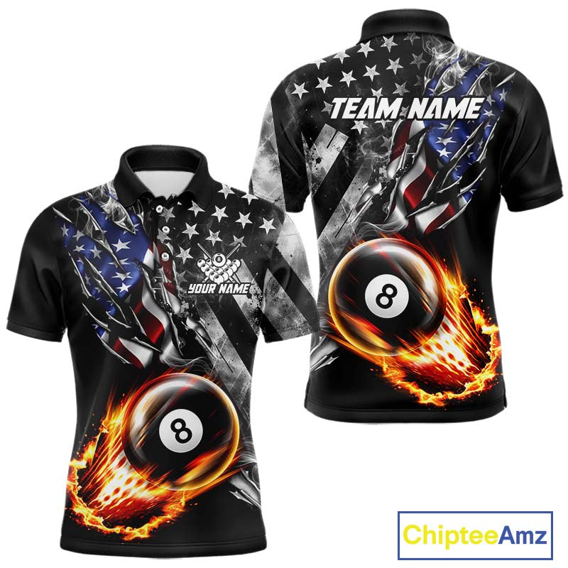 Custom 8 Ball Fire Pool Polo 1/4-Zip Shirt For Men Patriotic American Flag Pool Billiard Team Jersey NYN4969
