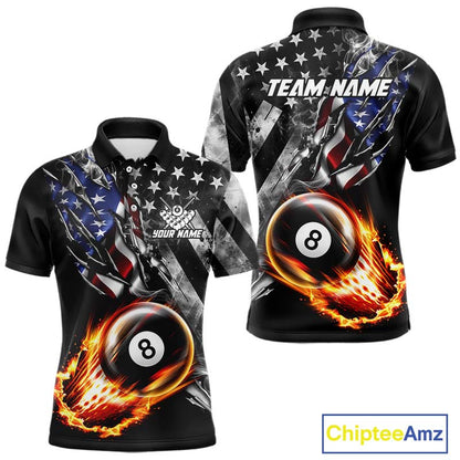 Custom 8 Ball Fire Pool Polo 1/4-Zip Shirt For Men Patriotic American Flag Pool Billiard Team Jersey NYN4969